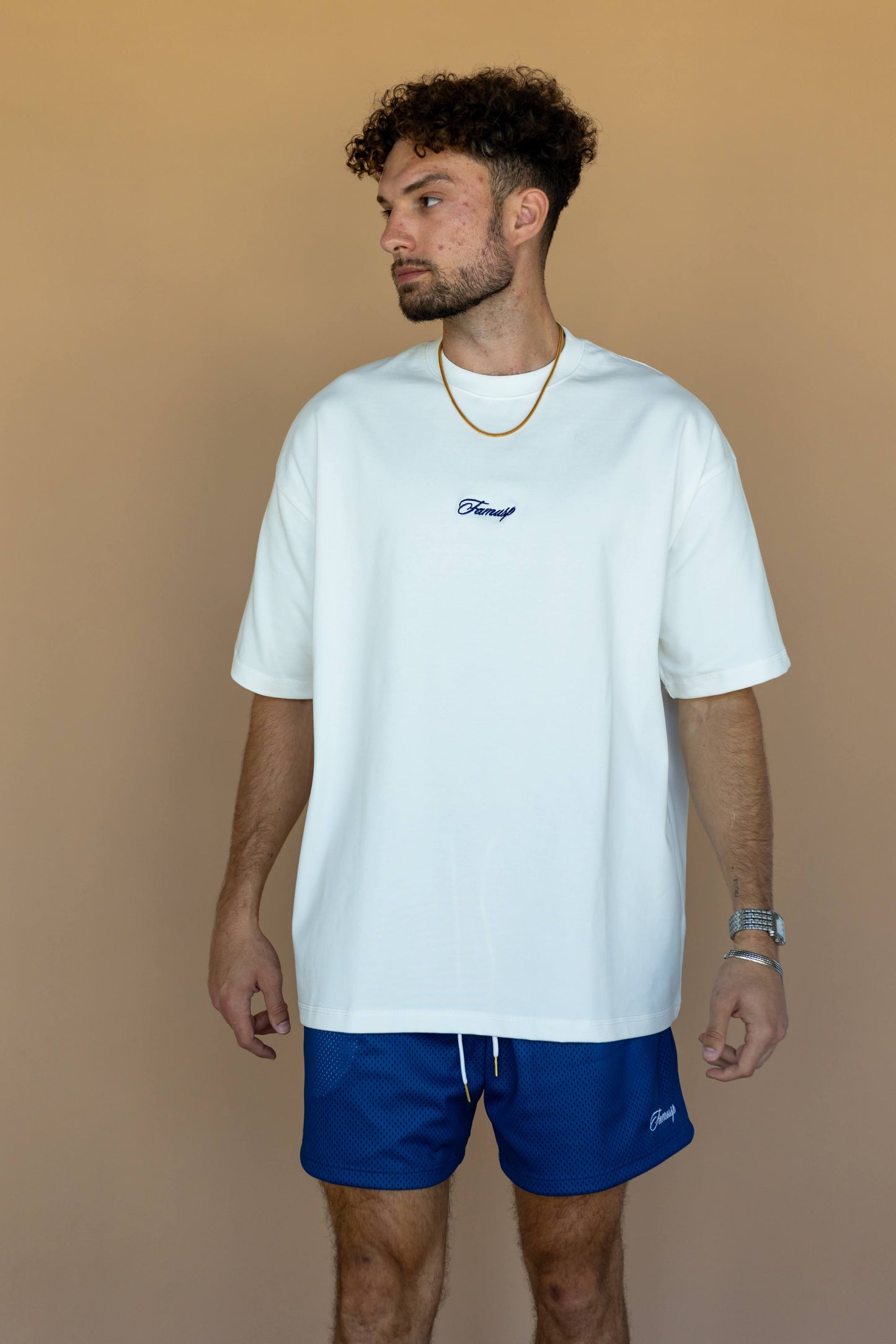 White & Navy Script Logo T-Shirt